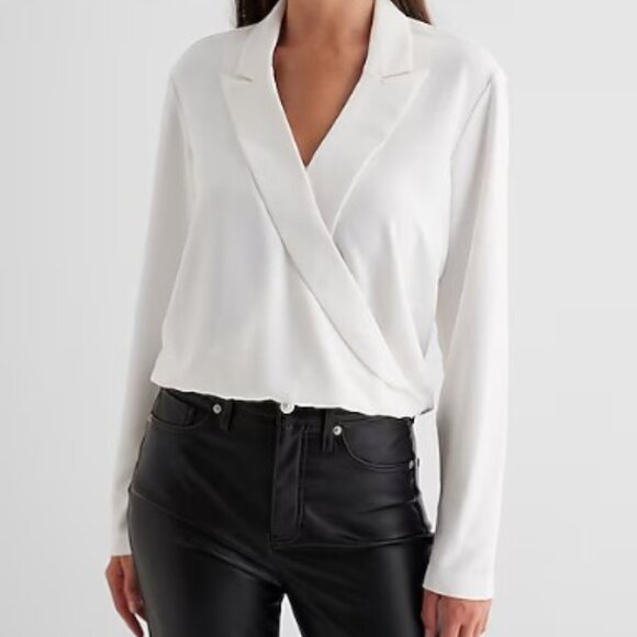 Express Collared V-Neck Long Sleeve Faux Wrap Front Top NWT - Picture 2 of 6